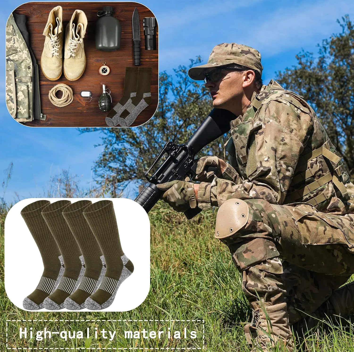 5 Pairs Mens Military Socks Army Green Hiking Sock Crew Boot Socks for Soldier Policemen Work Sports Hiking