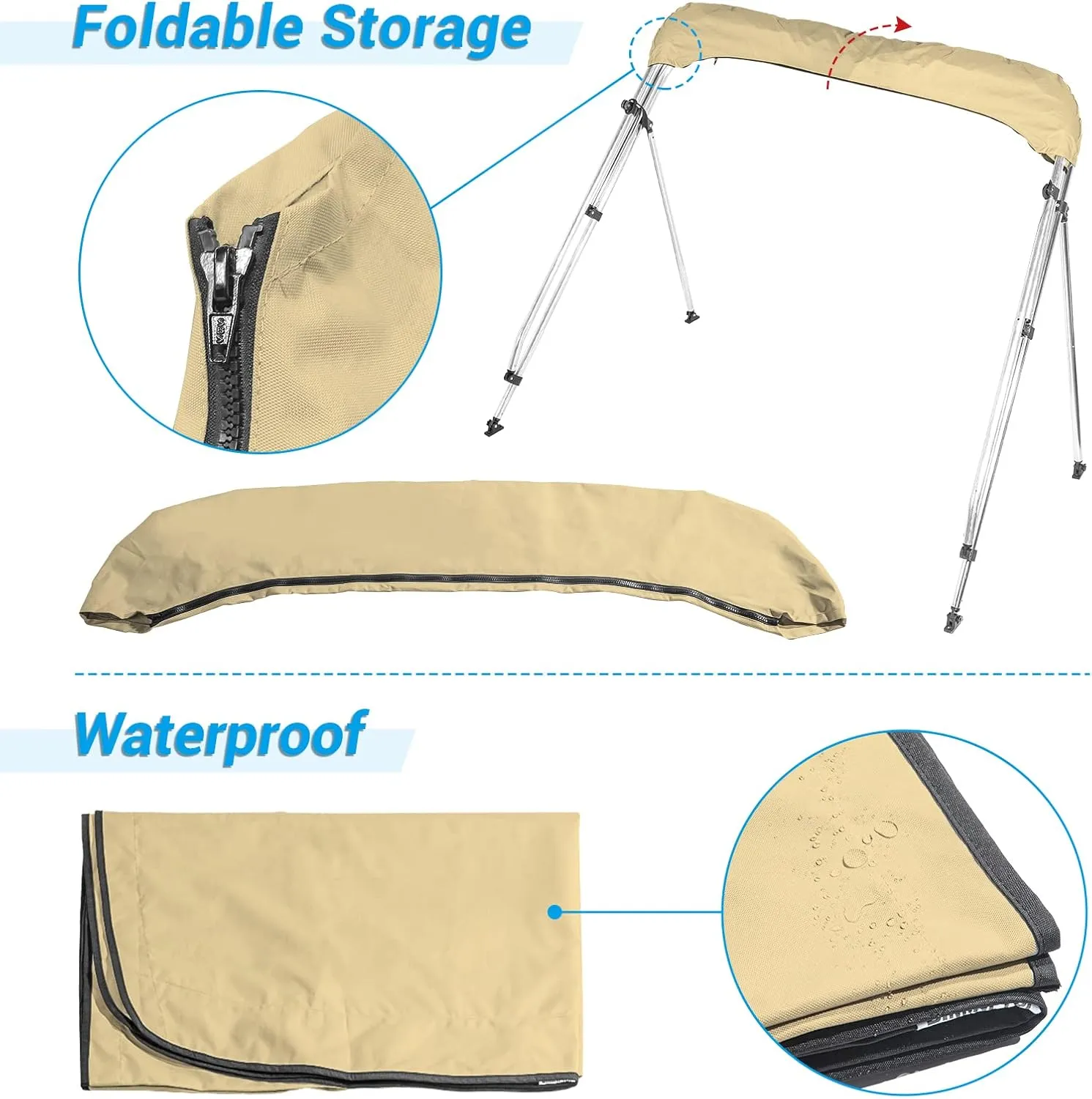 AA Products 3 Bow Bimini Top Cover Sun Shade Boat Canopy Waterproof Includes Storage Boot with Aluminum Frame, 46" Height with Rear Support Poles