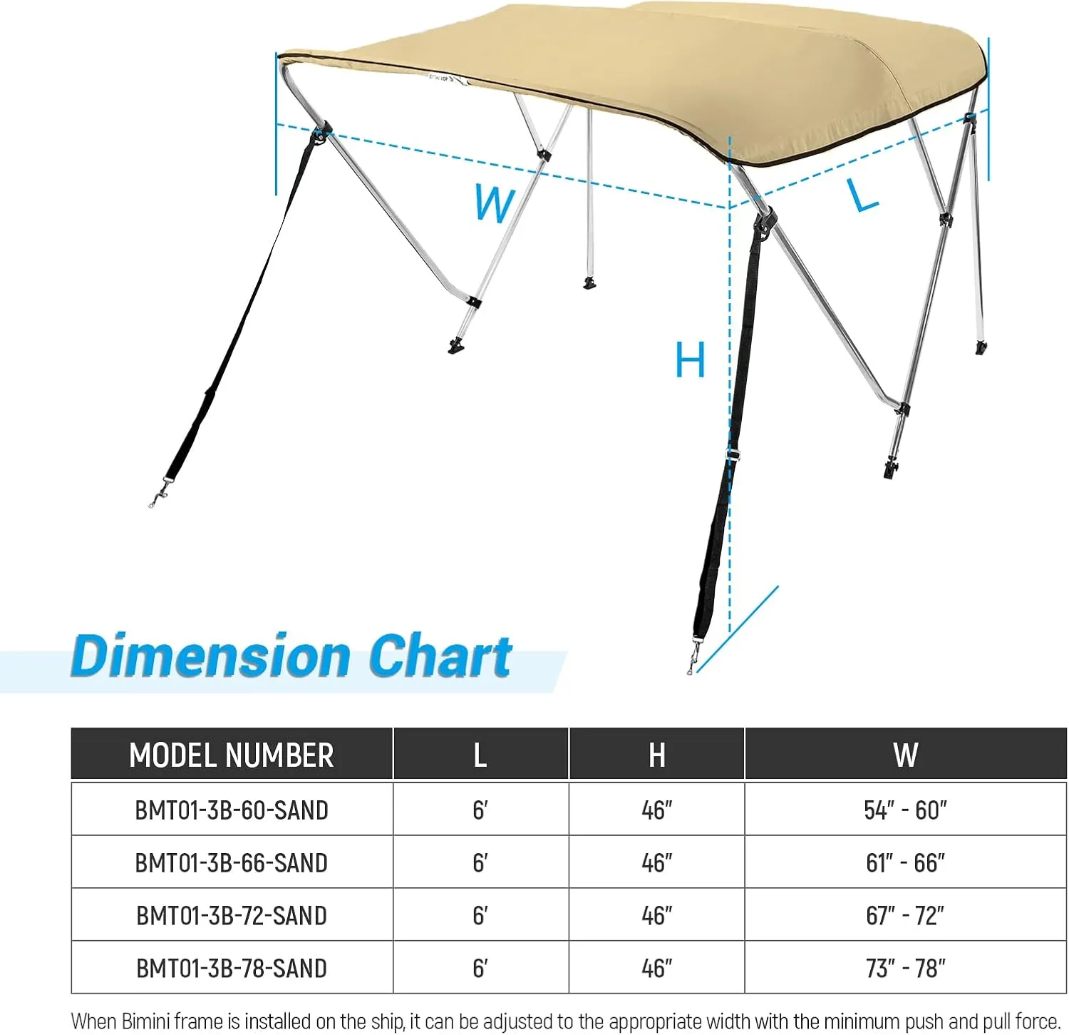 AA Products 3 Bow Bimini Top Cover Sun Shade Boat Canopy Waterproof Includes Storage Boot with Aluminum Frame, 46" Height with Rear Support Poles