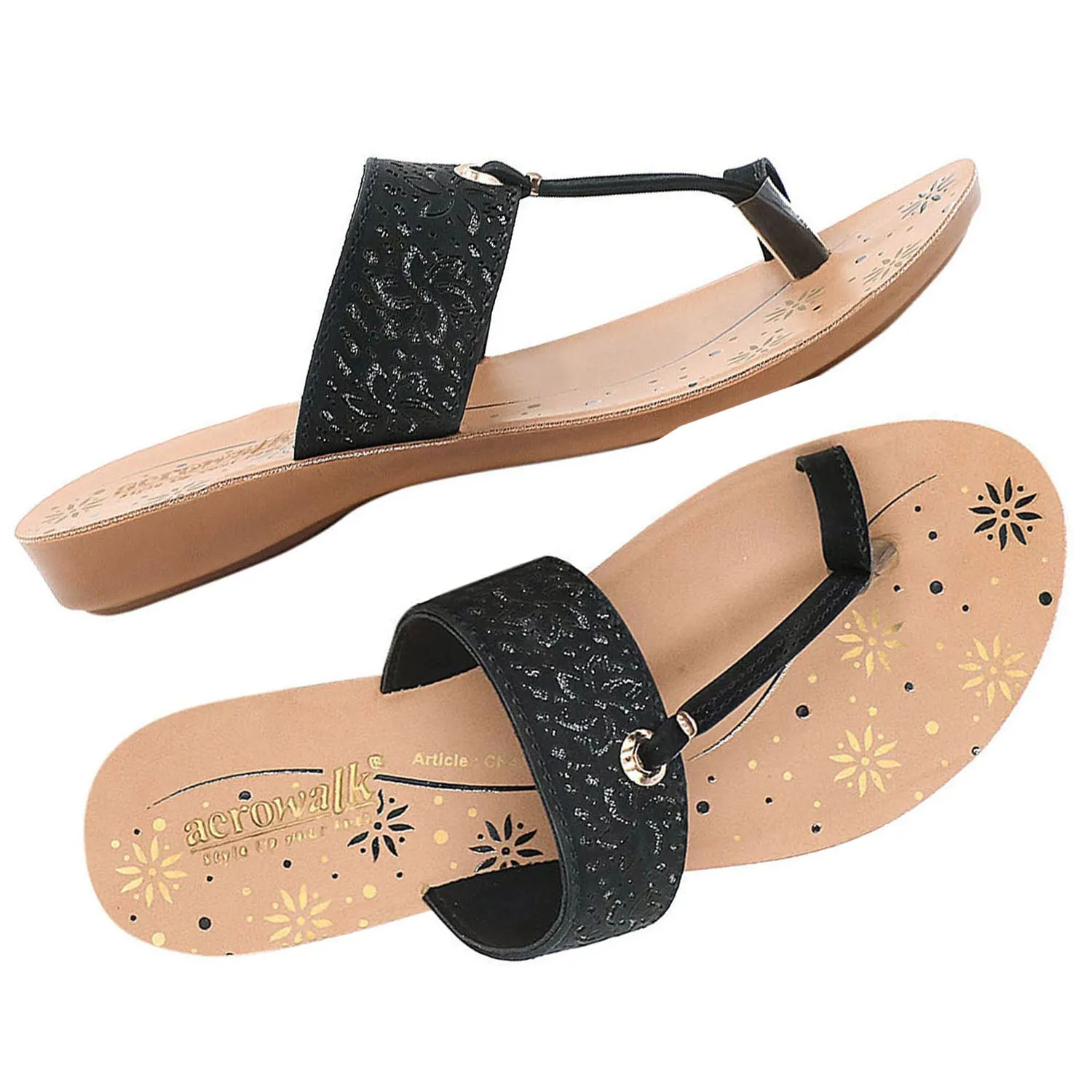 Aerowalk Women Black T-Shape Flat Sandal with Laser Cut Upper (CN47_BLACK)