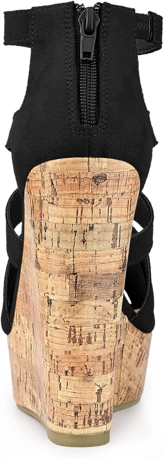 Allegra K Women's Platform Peep Toe Cutout Caged Cork Wedge Heel Sandals