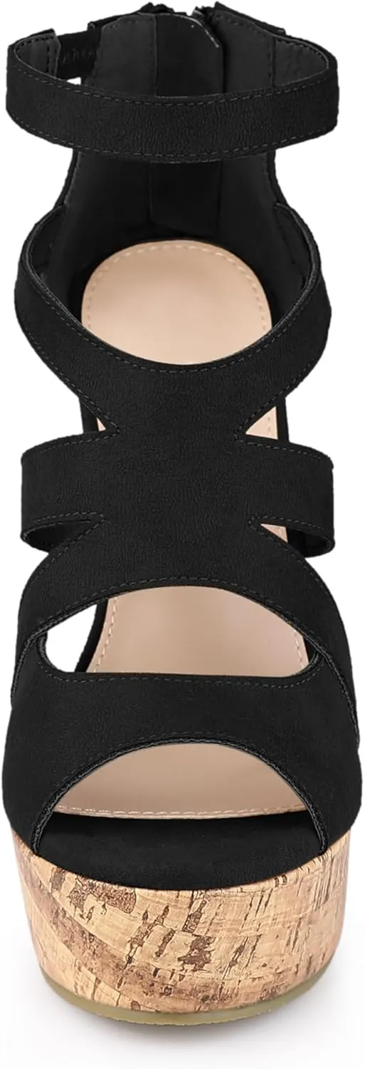 Allegra K Women's Platform Peep Toe Cutout Caged Cork Wedge Heel Sandals