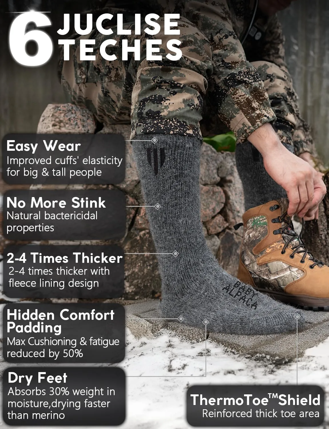 Alpaca Wool Boot Socks 2 pairs for Men and Women,Heavyweight Thick Thermal Socks Cold Weather Hunting Hiking,Moisture Wicking