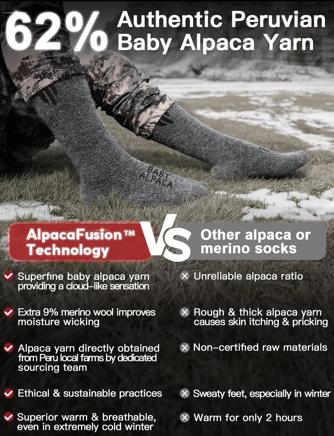 Alpaca Wool Boot Socks 2 pairs for Men and Women,Heavyweight Thick Thermal Socks Cold Weather Hunting Hiking,Moisture Wicking