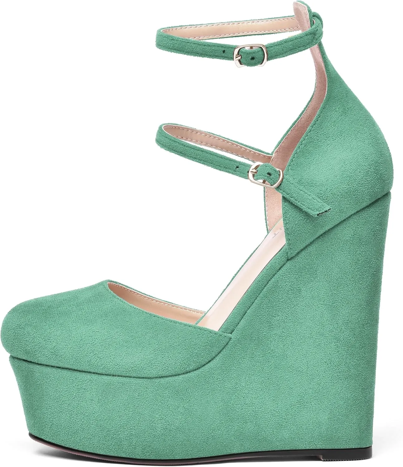 AMBELIGHT Womens Platform Round Toe Ankle Strap Solid Buckle Dress Suede Wedding Wedge High Heel Pumps Shoes 6 Inch