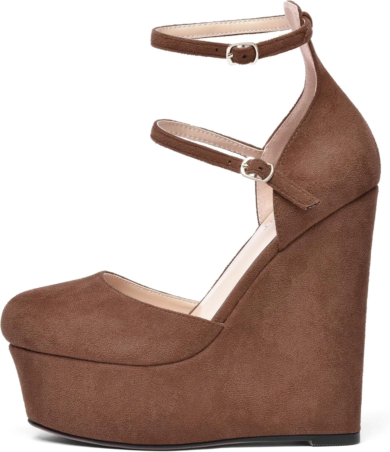 AMBELIGHT Womens Platform Round Toe Ankle Strap Solid Buckle Dress Suede Wedding Wedge High Heel Pumps Shoes 6 Inch