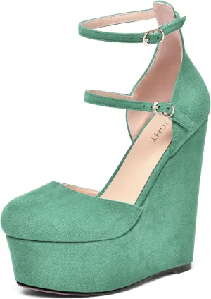 AMBELIGHT Womens Platform Round Toe Ankle Strap Solid Buckle Dress Suede Wedding Wedge High Heel Pumps Shoes 6 Inch