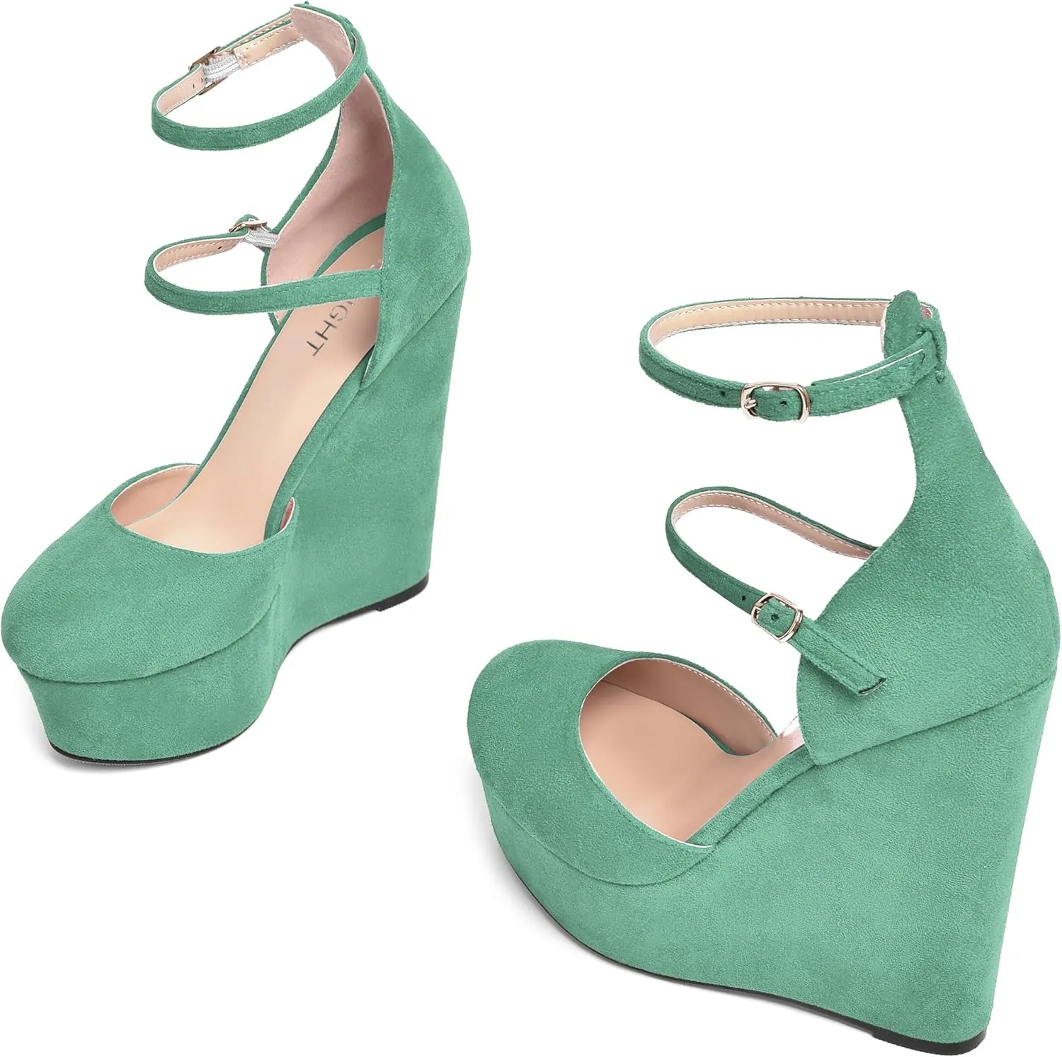 AMBELIGHT Womens Platform Round Toe Ankle Strap Solid Buckle Dress Suede Wedding Wedge High Heel Pumps Shoes 6 Inch