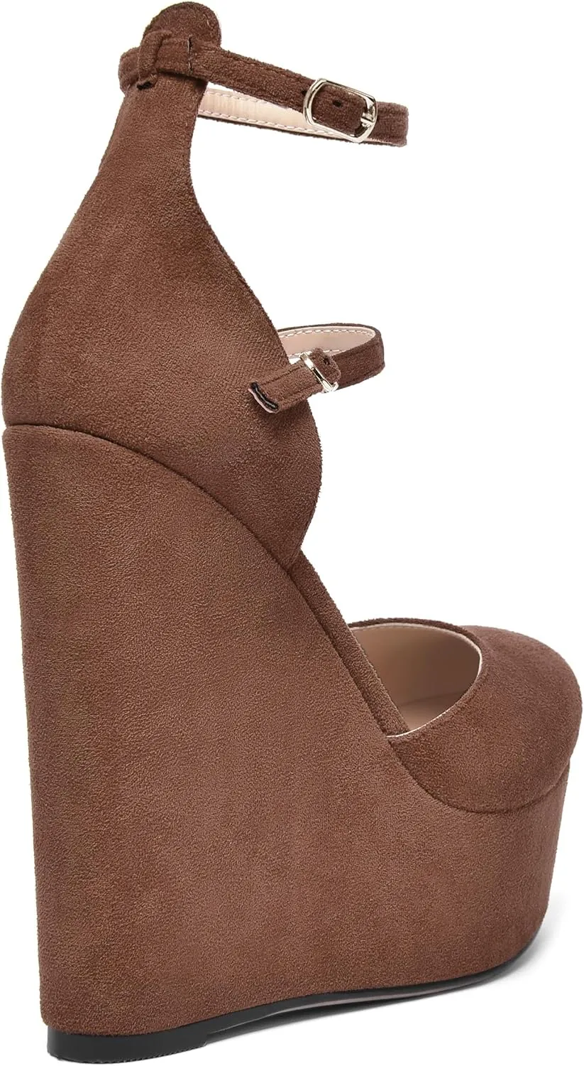 AMBELIGHT Womens Platform Round Toe Ankle Strap Solid Buckle Dress Suede Wedding Wedge High Heel Pumps Shoes 6 Inch