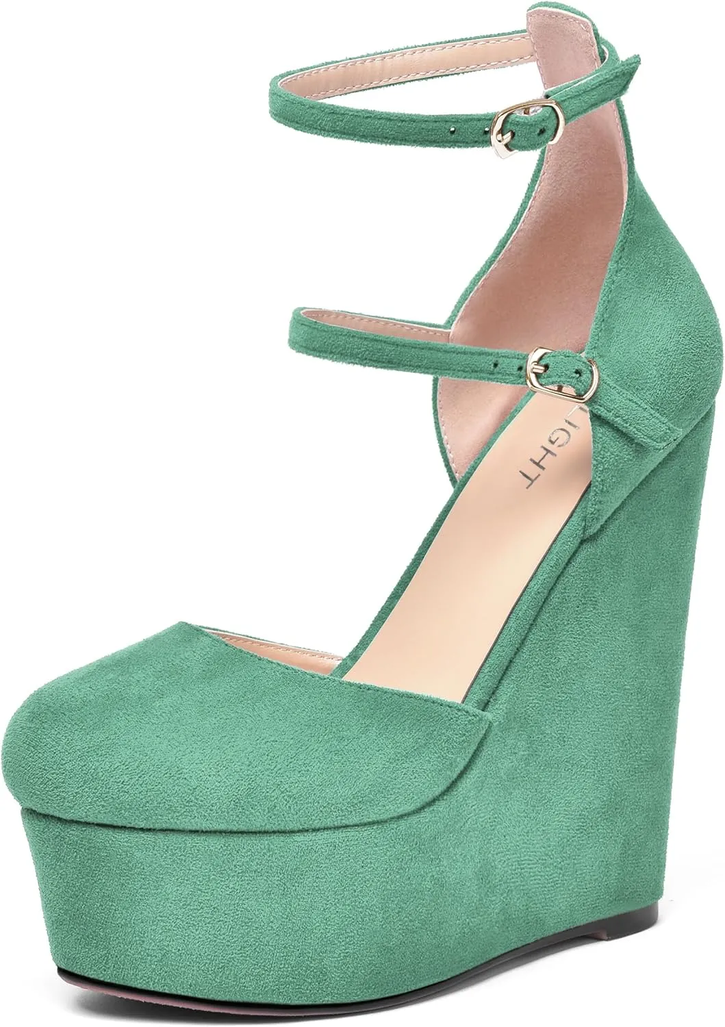 AMBELIGHT Womens Platform Round Toe Ankle Strap Solid Buckle Dress Suede Wedding Wedge High Heel Pumps Shoes 6 Inch