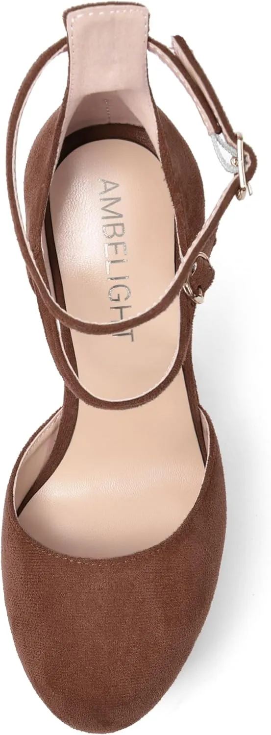 AMBELIGHT Womens Platform Round Toe Ankle Strap Solid Buckle Dress Suede Wedding Wedge High Heel Pumps Shoes 6 Inch