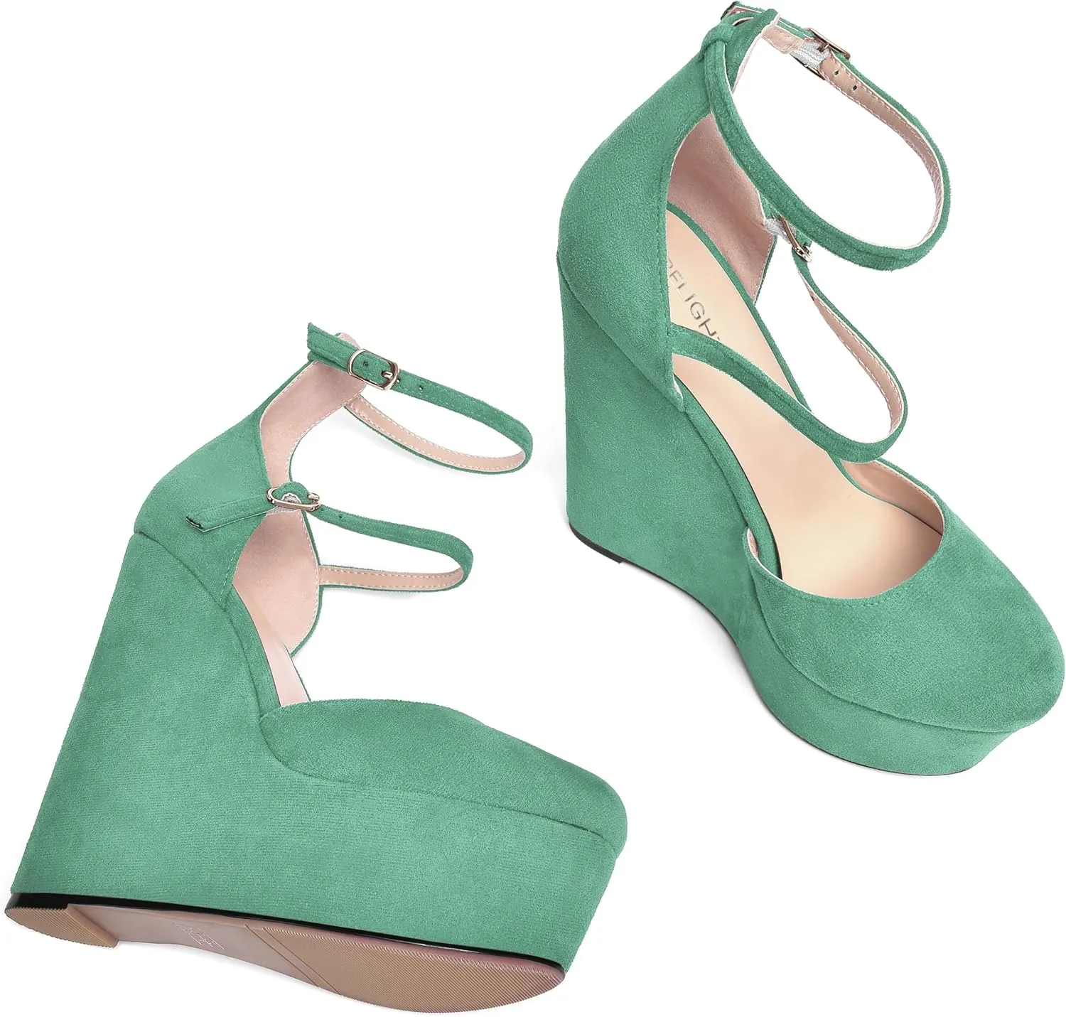 AMBELIGHT Womens Platform Round Toe Ankle Strap Solid Buckle Dress Suede Wedding Wedge High Heel Pumps Shoes 6 Inch
