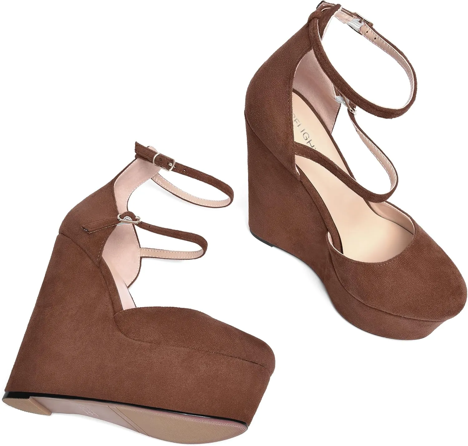 AMBELIGHT Womens Platform Round Toe Ankle Strap Solid Buckle Dress Suede Wedding Wedge High Heel Pumps Shoes 6 Inch