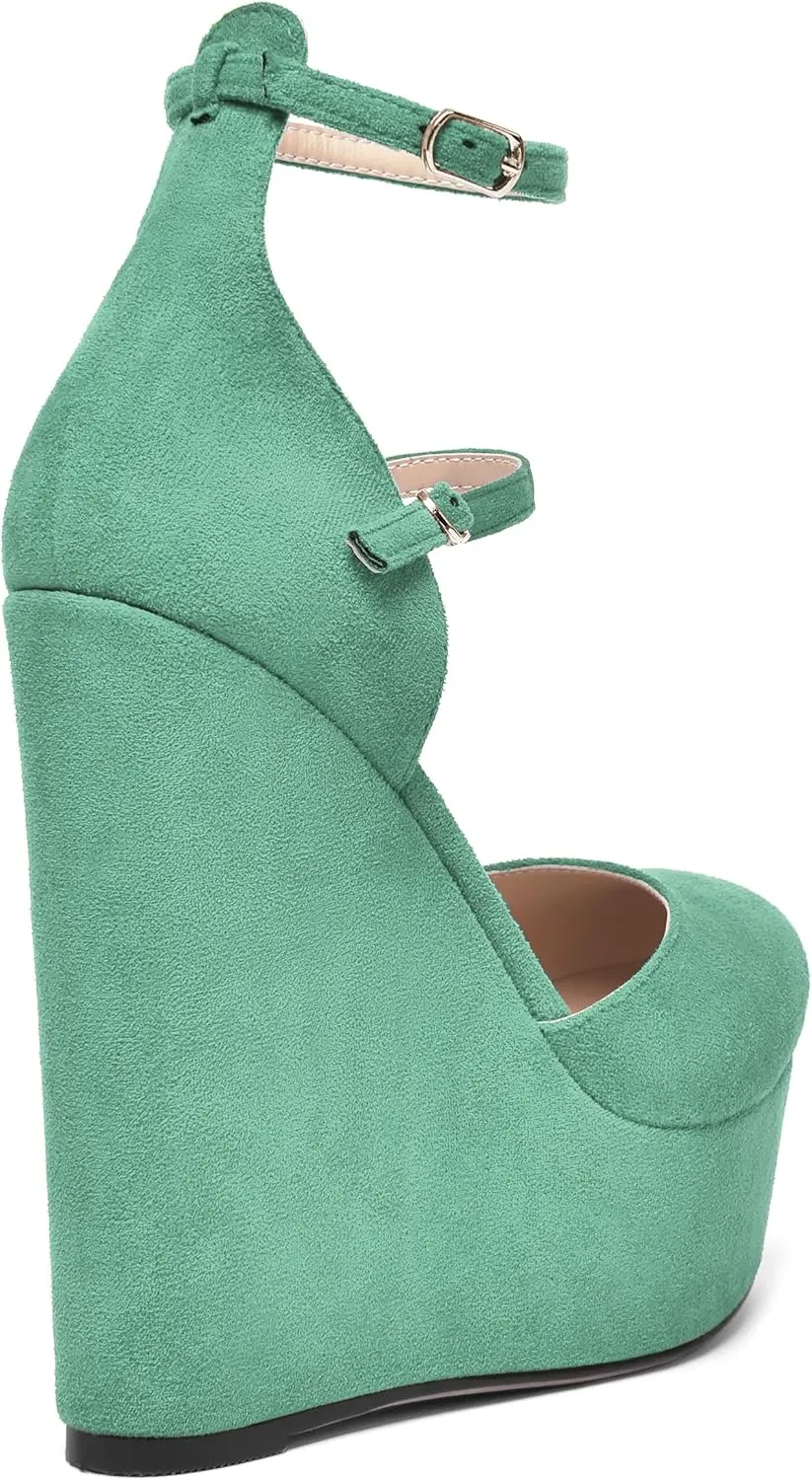 AMBELIGHT Womens Platform Round Toe Ankle Strap Solid Buckle Dress Suede Wedding Wedge High Heel Pumps Shoes 6 Inch