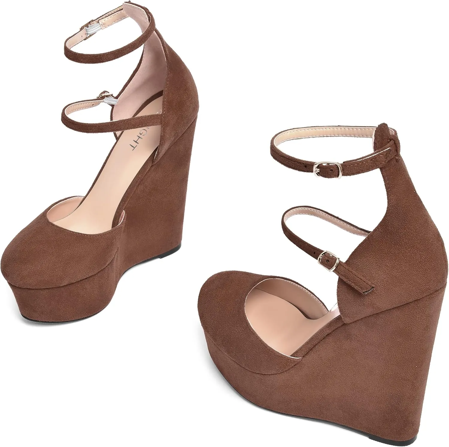 AMBELIGHT Womens Platform Round Toe Ankle Strap Solid Buckle Dress Suede Wedding Wedge High Heel Pumps Shoes 6 Inch