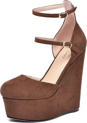 AMBELIGHT Womens Platform Round Toe Ankle Strap Solid Buckle Dress Suede Wedding Wedge High Heel Pumps Shoes 6 Inch
