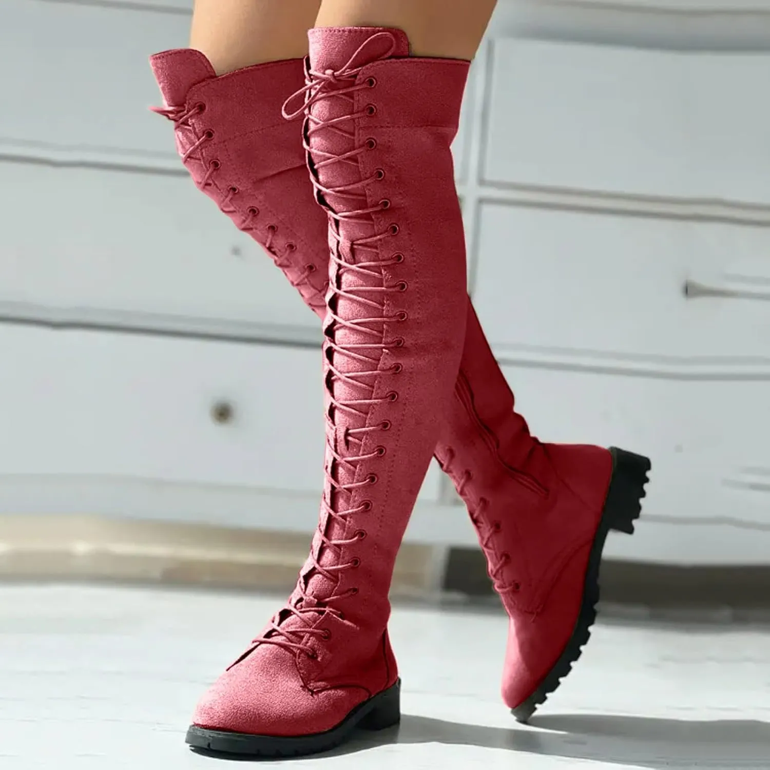 AMDBEL Boots for Women Knee High Wide Calf Boots Low Heel Boots Lace Up Over The Knee Suede Long Boots Fall Winter Shoes