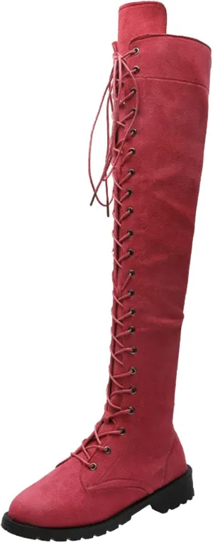 AMDBEL Boots for Women Knee High Wide Calf Boots Low Heel Boots Lace Up Over The Knee Suede Long Boots Fall Winter Shoes