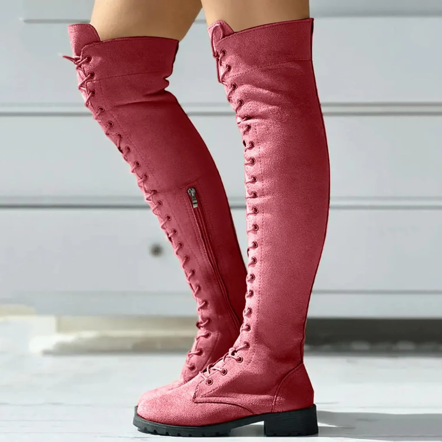 AMDBEL Boots for Women Knee High Wide Calf Boots Low Heel Boots Lace Up Over The Knee Suede Long Boots Fall Winter Shoes