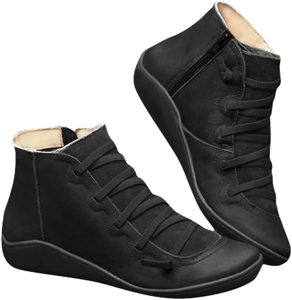 AMDBEL Cowboy Boots For Women Short, Arch Support Low Heel Fashion Lace Up Zipper Booties Slip On Leather Short Booties