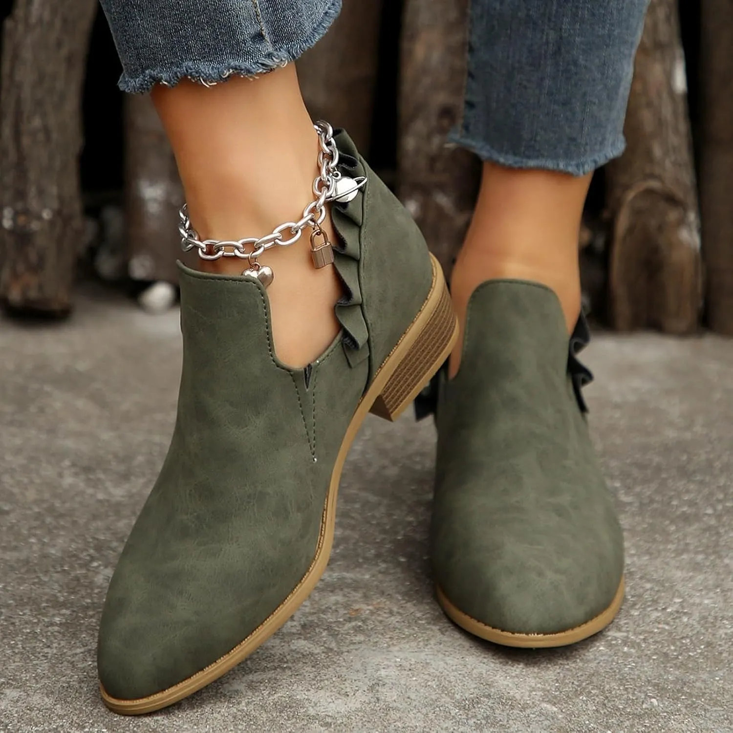 AMDBEL Womens Boots Ankle, Ankle Booties Low Heel Short Boots V Cut Chelsea Boots Pointd Toe Fall Winter Dressy Shoes
