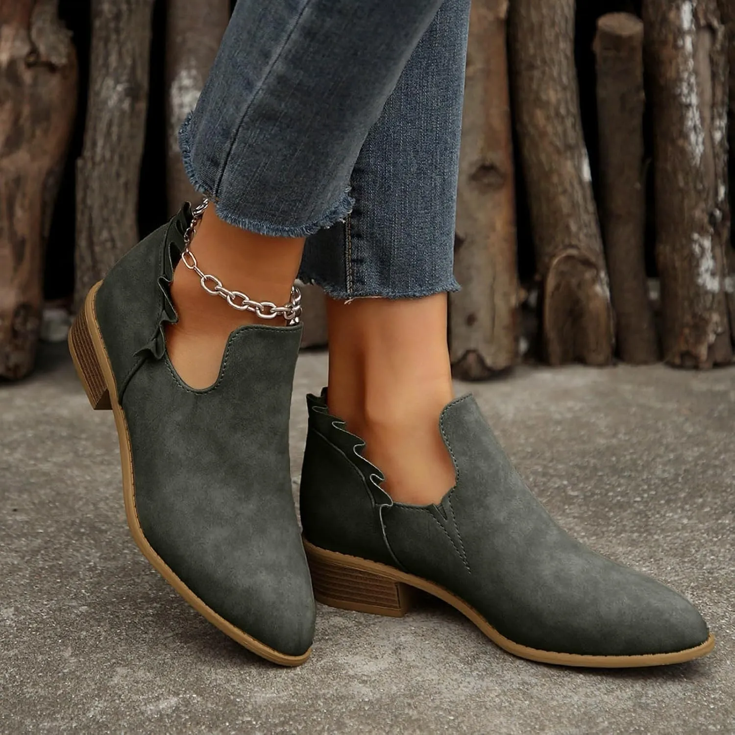 AMDBEL Womens Boots Ankle, Ankle Booties Low Heel Short Boots V Cut Chelsea Boots Pointd Toe Fall Winter Dressy Shoes