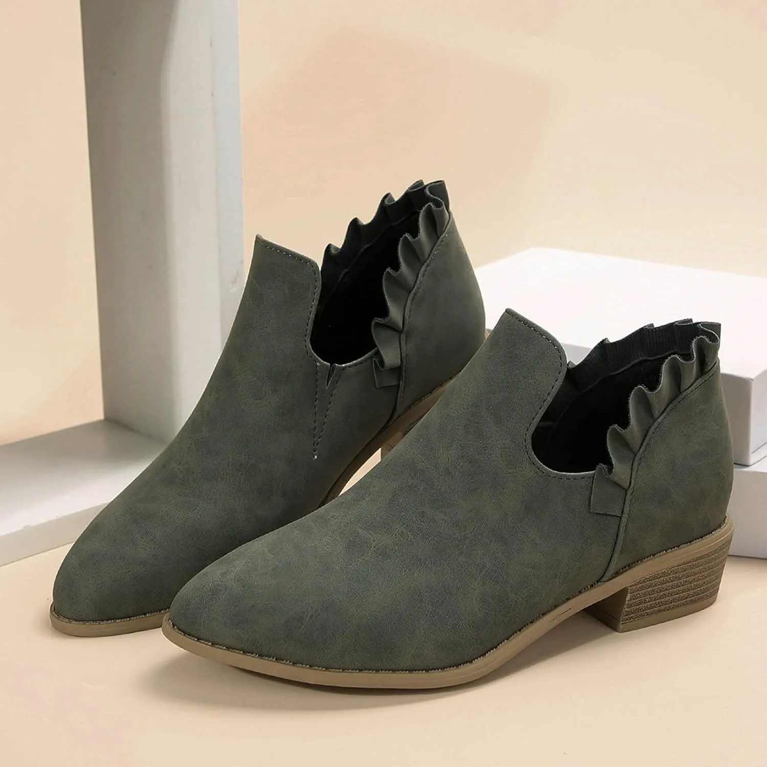 AMDBEL Womens Boots Ankle, Ankle Booties Low Heel Short Boots V Cut Chelsea Boots Pointd Toe Fall Winter Dressy Shoes