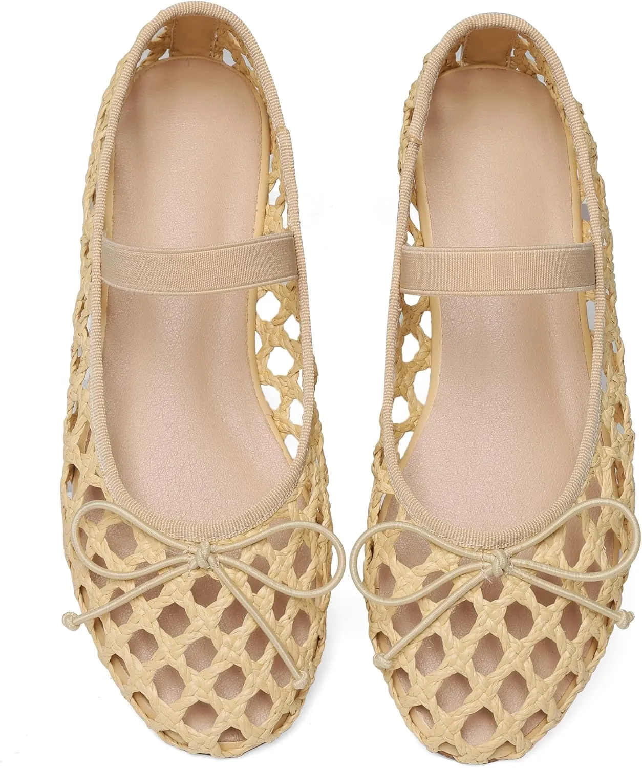 AMINUGAL Raffia Ballet Flats Shoes for Women Dressy Comfortable Woven Straw Women's Flats with Elastic Strap Mesh Flats Bows Raffia Mary Jane Flats Women Ballerina Flats for Women