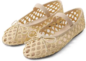 AMINUGAL Raffia Ballet Flats Shoes for Women Dressy Comfortable Woven Straw Women's Flats with Elastic Strap Mesh Flats Bows Raffia Mary Jane Flats Women Ballerina Flats for Women