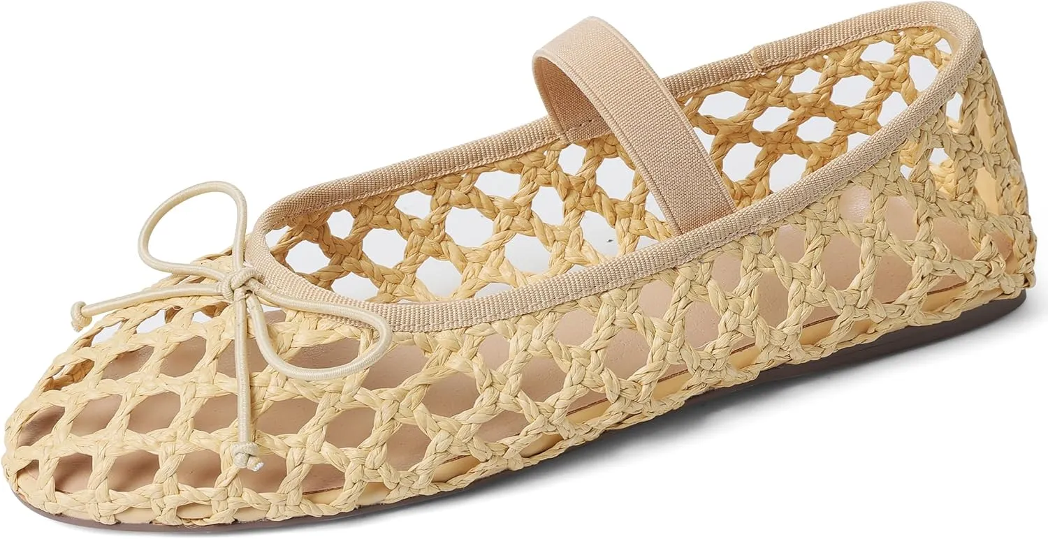 AMINUGAL Raffia Ballet Flats Shoes for Women Dressy Comfortable Woven Straw Women's Flats with Elastic Strap Mesh Flats Bows Raffia Mary Jane Flats Women Ballerina Flats for Women