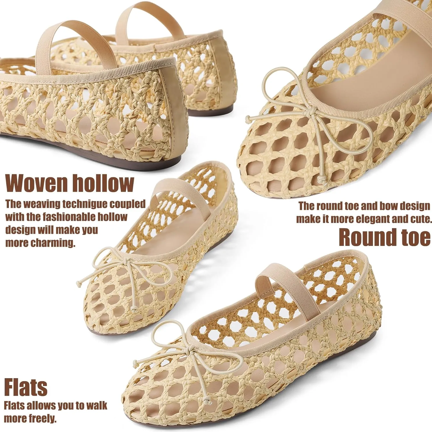 AMINUGAL Raffia Ballet Flats Shoes for Women Dressy Comfortable Woven Straw Women's Flats with Elastic Strap Mesh Flats Bows Raffia Mary Jane Flats Women Ballerina Flats for Women