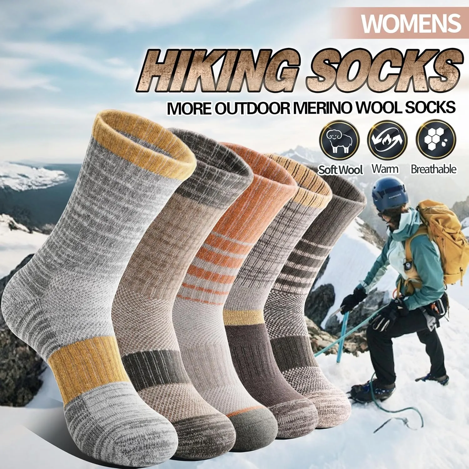 Anlisim Merino Wool Hiking Socks for Women Thermal Winter Warm Boot Work Cushion Socks 5 Pairs