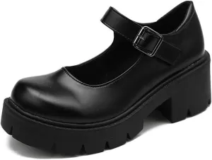 AOSPHIRAYLIAN Womens Mary Janes Shoes Round Toe Platform Ankle Strap Chunky Heel Black Uniform Dress Shoes