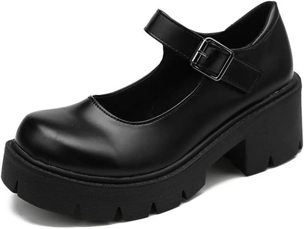 AOSPHIRAYLIAN Womens Mary Janes Shoes Round Toe Platform Ankle Strap Chunky Heel Black Uniform Dress Shoes