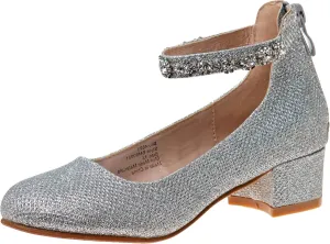 Badgley Mischka Girls Dress Block Medium Heel Party Pumps - Closed Toe Ankle Strap High Heels for Girl - Black/Silver/Champagne/Rose Gold (Sizes 11-13 Little Kid/Sizes 1-5 Big Kid)