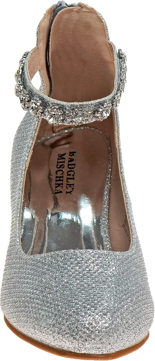 Badgley Mischka Girls Dress Block Medium Heel Party Pumps - Closed Toe Ankle Strap High Heels for Girl - Black/Silver/Champagne/Rose Gold (Sizes 11-13 Little Kid/Sizes 1-5 Big Kid)