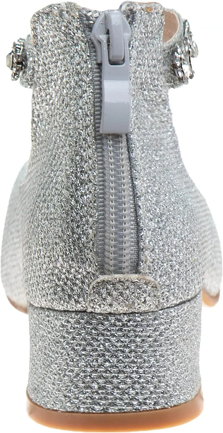 Badgley Mischka Girls Dress Block Medium Heel Party Pumps - Closed Toe Ankle Strap High Heels for Girl - Black/Silver/Champagne/Rose Gold (Sizes 11-13 Little Kid/Sizes 1-5 Big Kid)