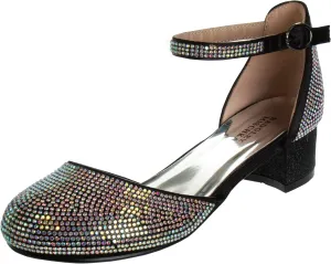 Badgley Mischka Girls Dress Block Medium Heel Party Pumps - Closed Toe Ankle Strap High Heels for Girl - Black/Silver/Champagne/Rose Gold (Sizes 11-13 Little Kid/Sizes 1-5 Big Kid)