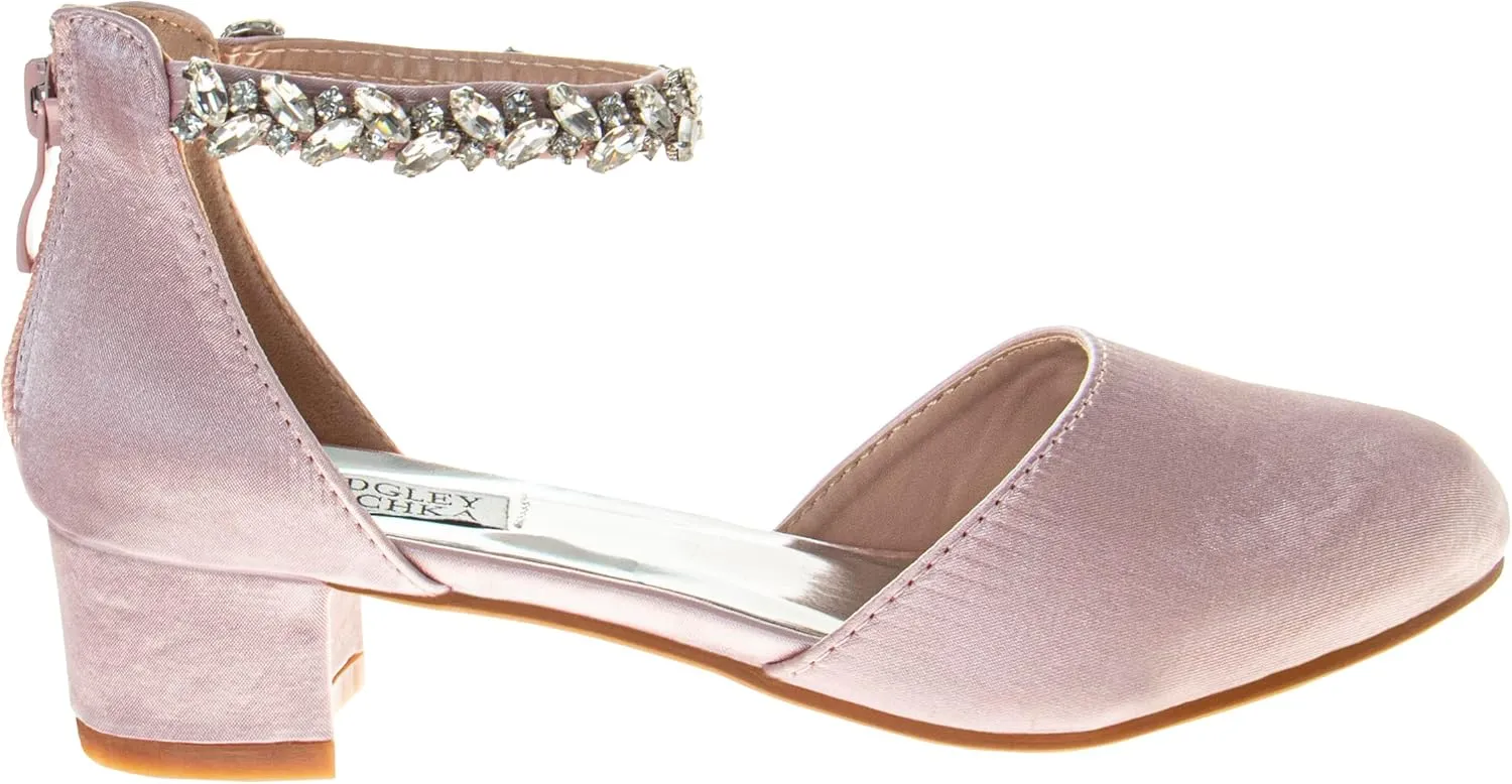 Badgley Mischka Girls Dress Block Medium Heel Party Pumps - Closed Toe Ankle Strap High Heels for Girl - Black/Silver/Champagne/Rose Gold (Sizes 11-13 Little Kid/Sizes 1-5 Big Kid)