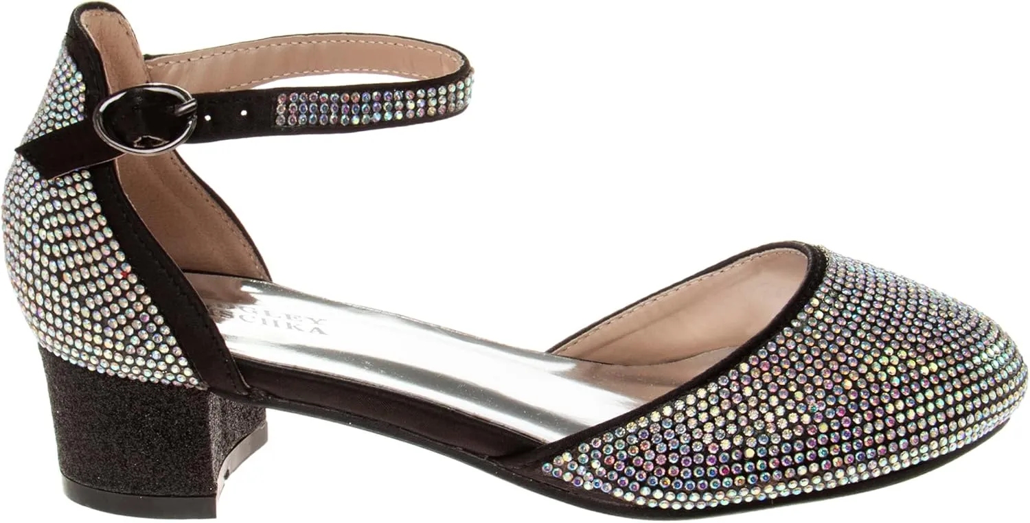 Badgley Mischka Girls Dress Block Medium Heel Party Pumps - Closed Toe Ankle Strap High Heels for Girl - Black/Silver/Champagne/Rose Gold (Sizes 11-13 Little Kid/Sizes 1-5 Big Kid)