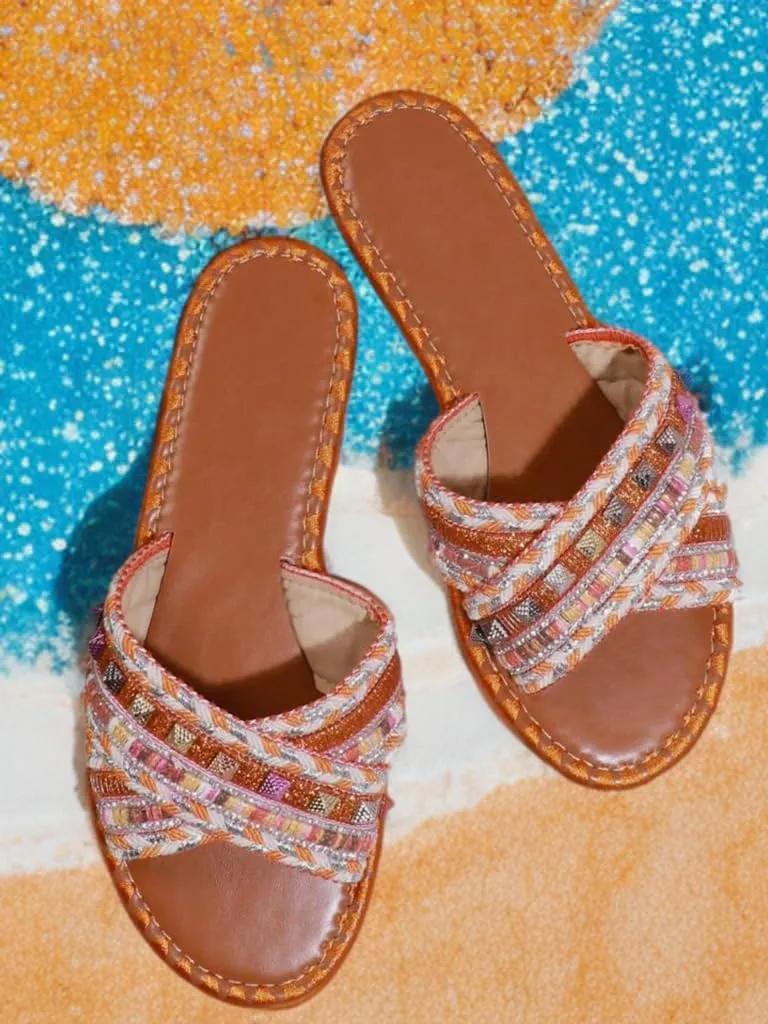 BAMBOO Womens Open Round Toe Cross Straps Beaded Slides Array-02