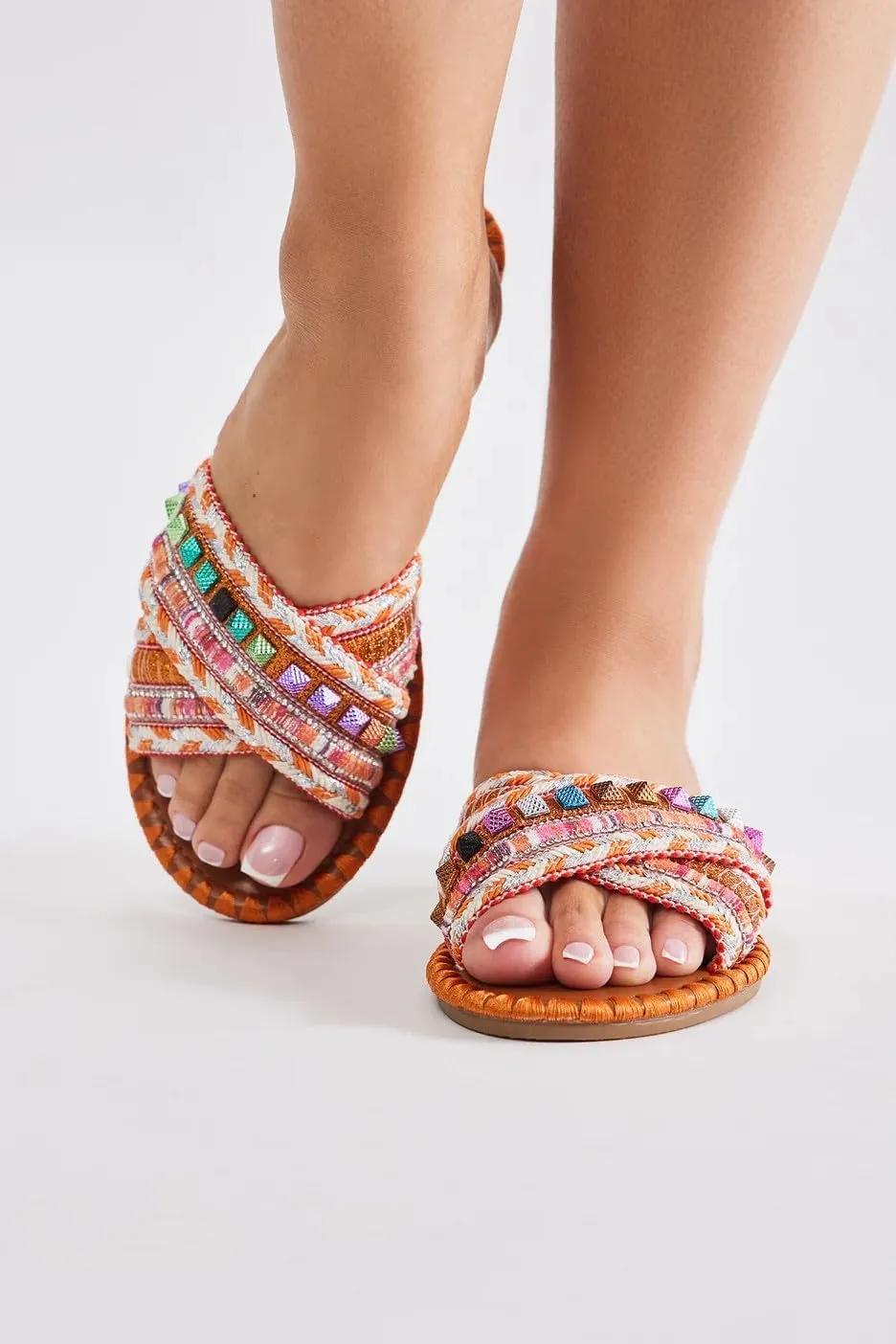BAMBOO Womens Open Round Toe Cross Straps Beaded Slides Array-02