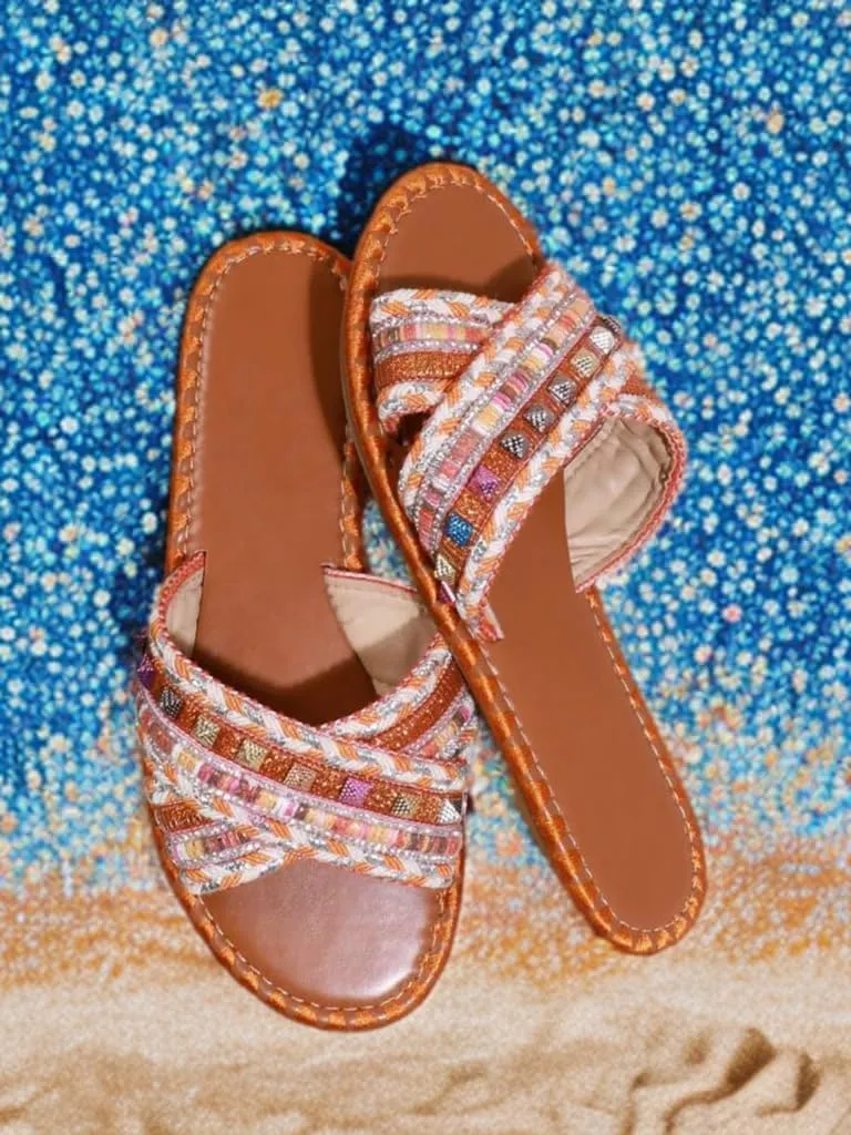 BAMBOO Womens Open Round Toe Cross Straps Beaded Slides Array-02