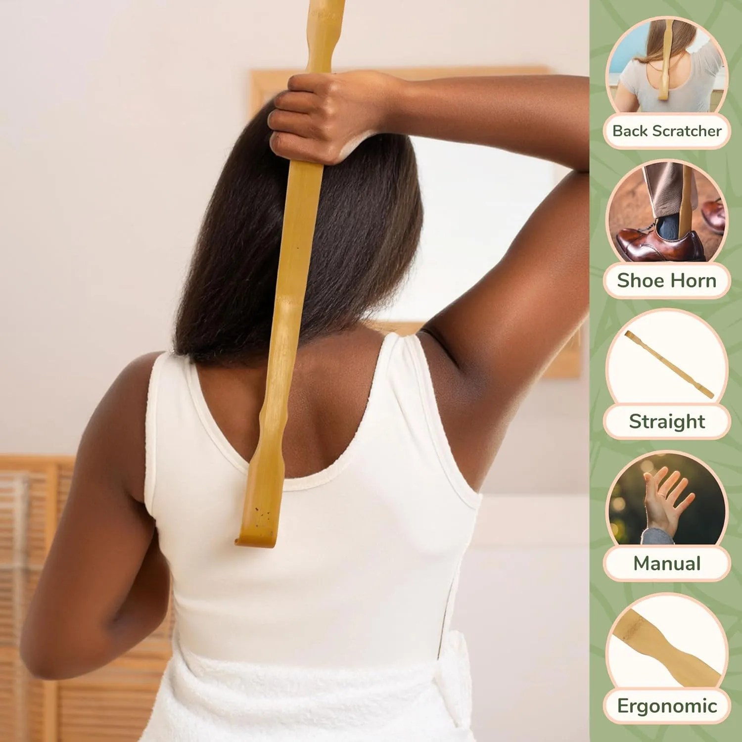 BambooMN 1 Piece 25 Inch Bamboo Backscratcher Shoehorn with a Free Travel Size Back Scratcher