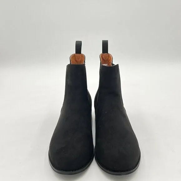 Black Suede Round Toe Low Block Heel Boots Elastic Pull On Ankle Booties