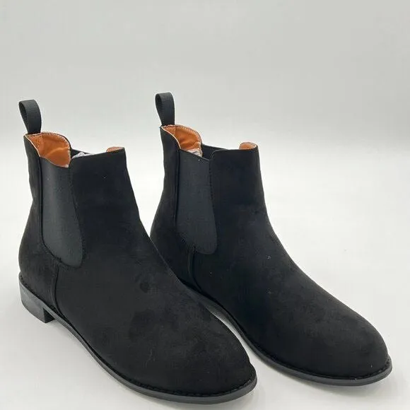 Black Suede Round Toe Low Block Heel Boots Elastic Pull On Ankle Booties