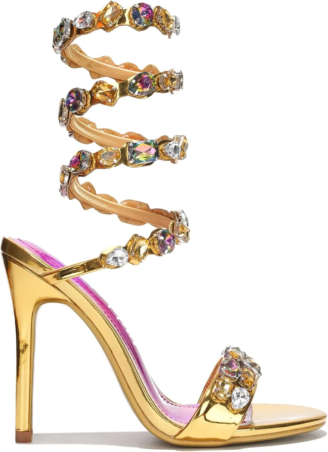 Cape Robbin Women's Rhinestone Stiletto Heel Sandals Jewel Spiral Ankle Wrap Strap High Heels Sandal