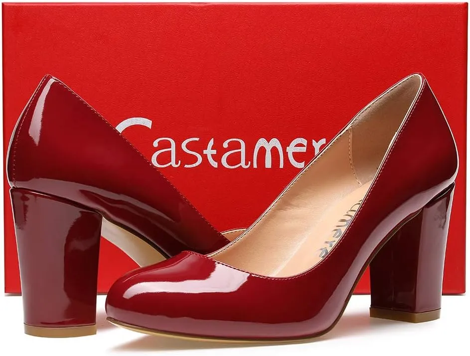 Castamere Women's High Heels Round Toe Slip-On Pumps Block Heel 8CM