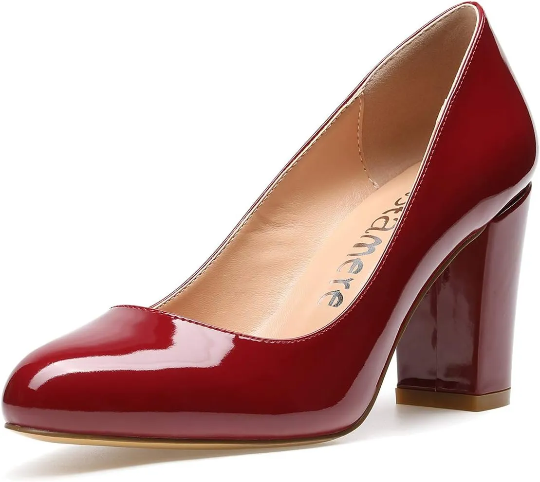 Castamere Women's High Heels Round Toe Slip-On Pumps Block Heel 8CM