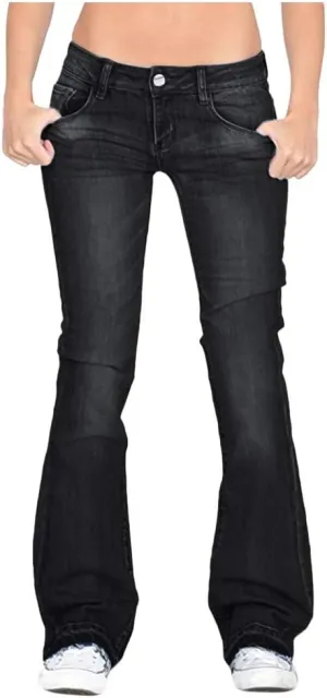 Casual Boot Cut Flared Jeans Pants for Women Low-Rise Wide Leg Bell Bottom Stacked Denim Trousers with Pockets XS-4XL